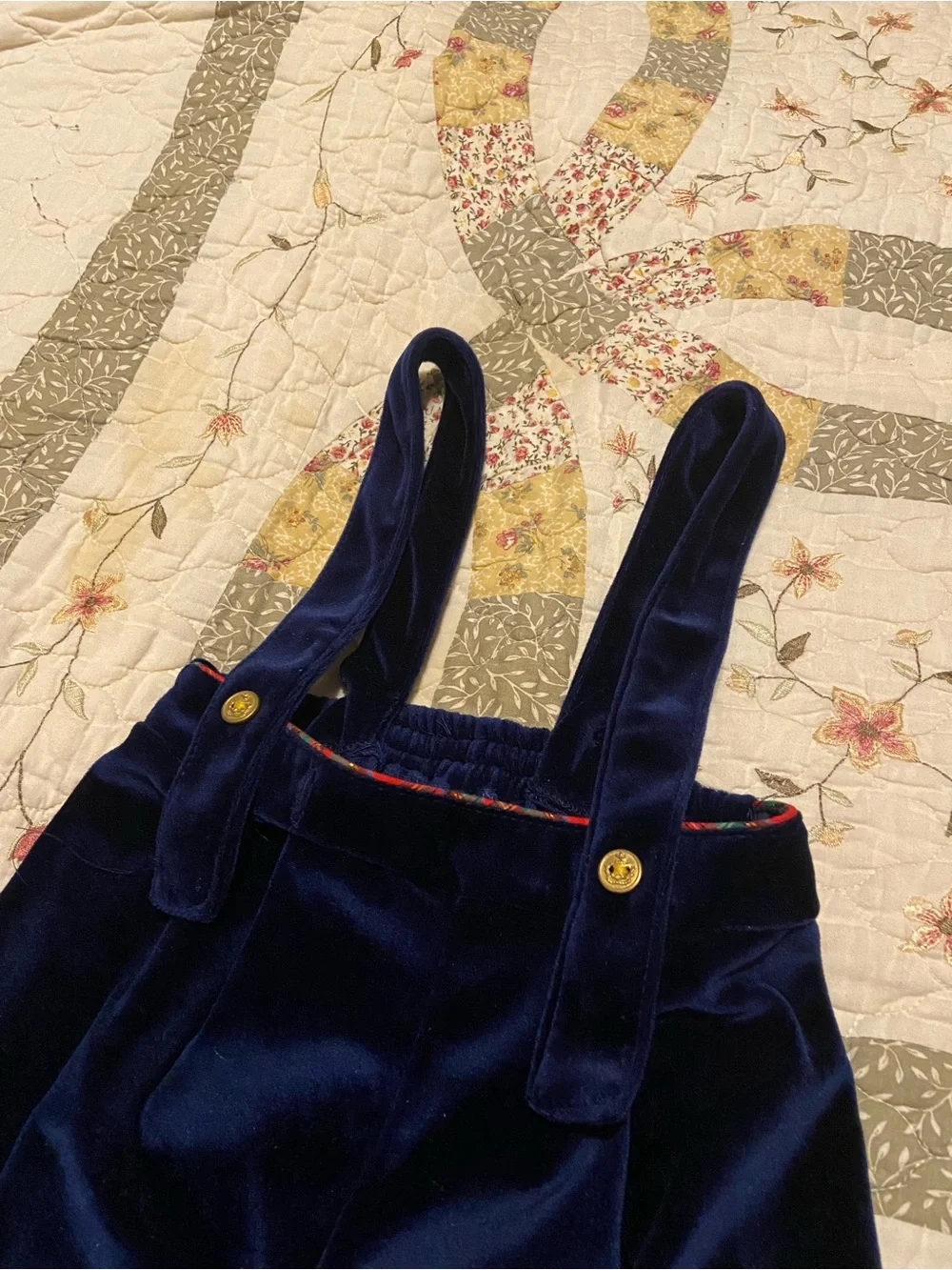 Vintage Blue Velvet Baby Overalls with Plaid Bear Design Size 6-9 Months Unisex